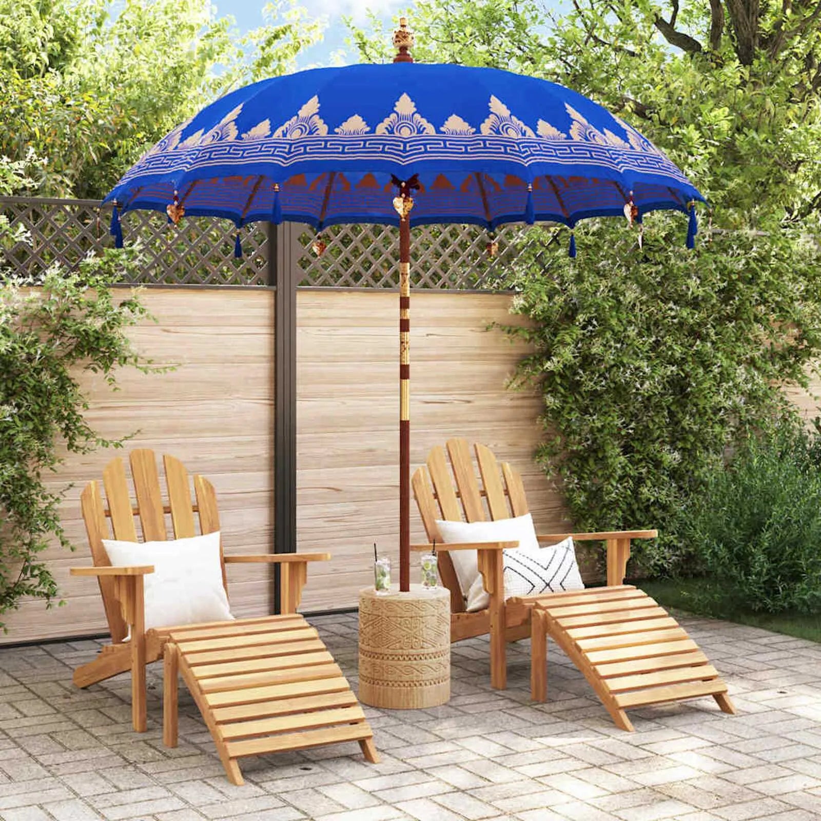 balinese patio umbrella Balinese Patio Umbrella in Blue Cotton — Little and Giant Explorers
