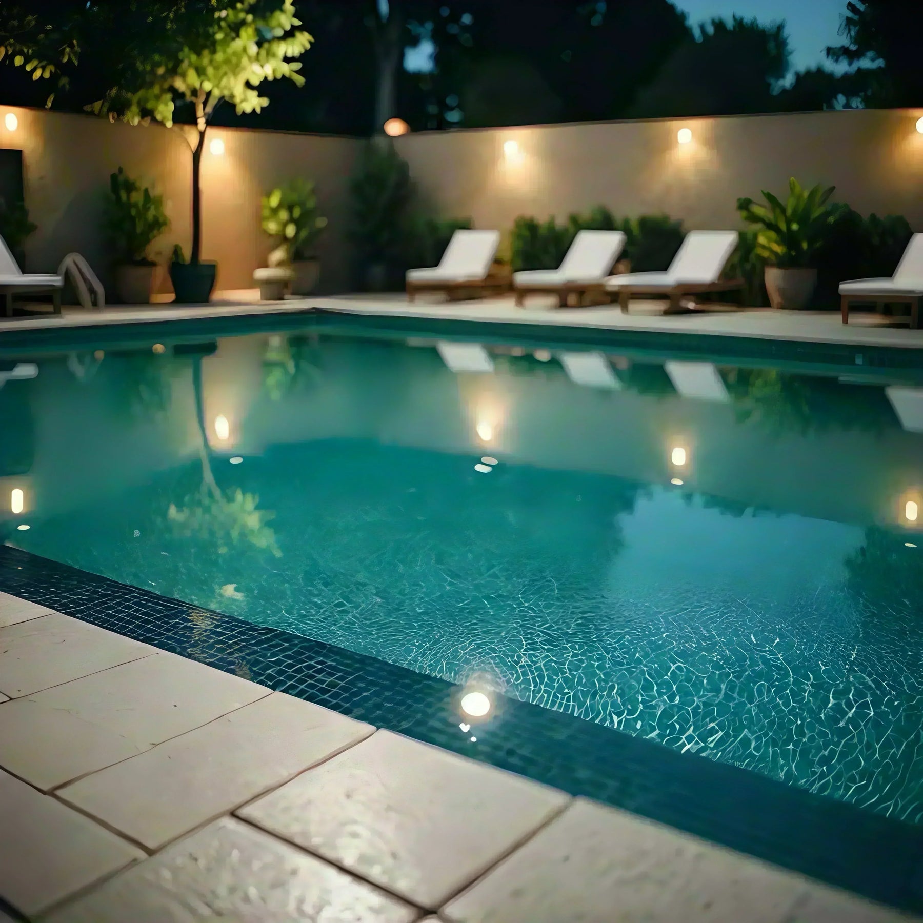 Outdoor above ground swimming pool with lounge chairs and garden lighting at night