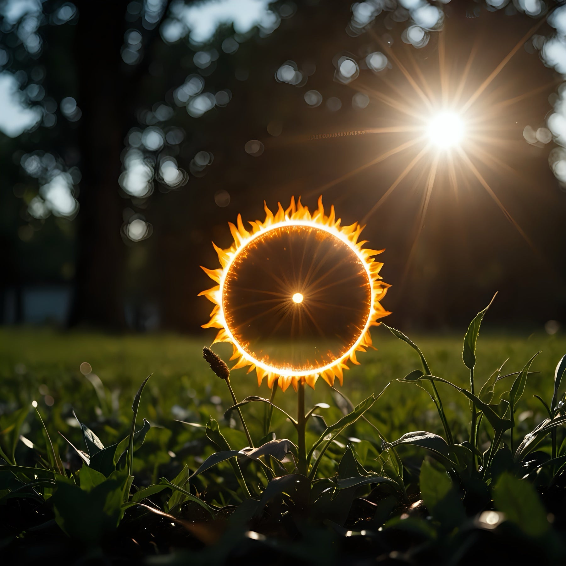 Bright sun shining over green grass during UK heatwave in summer garden