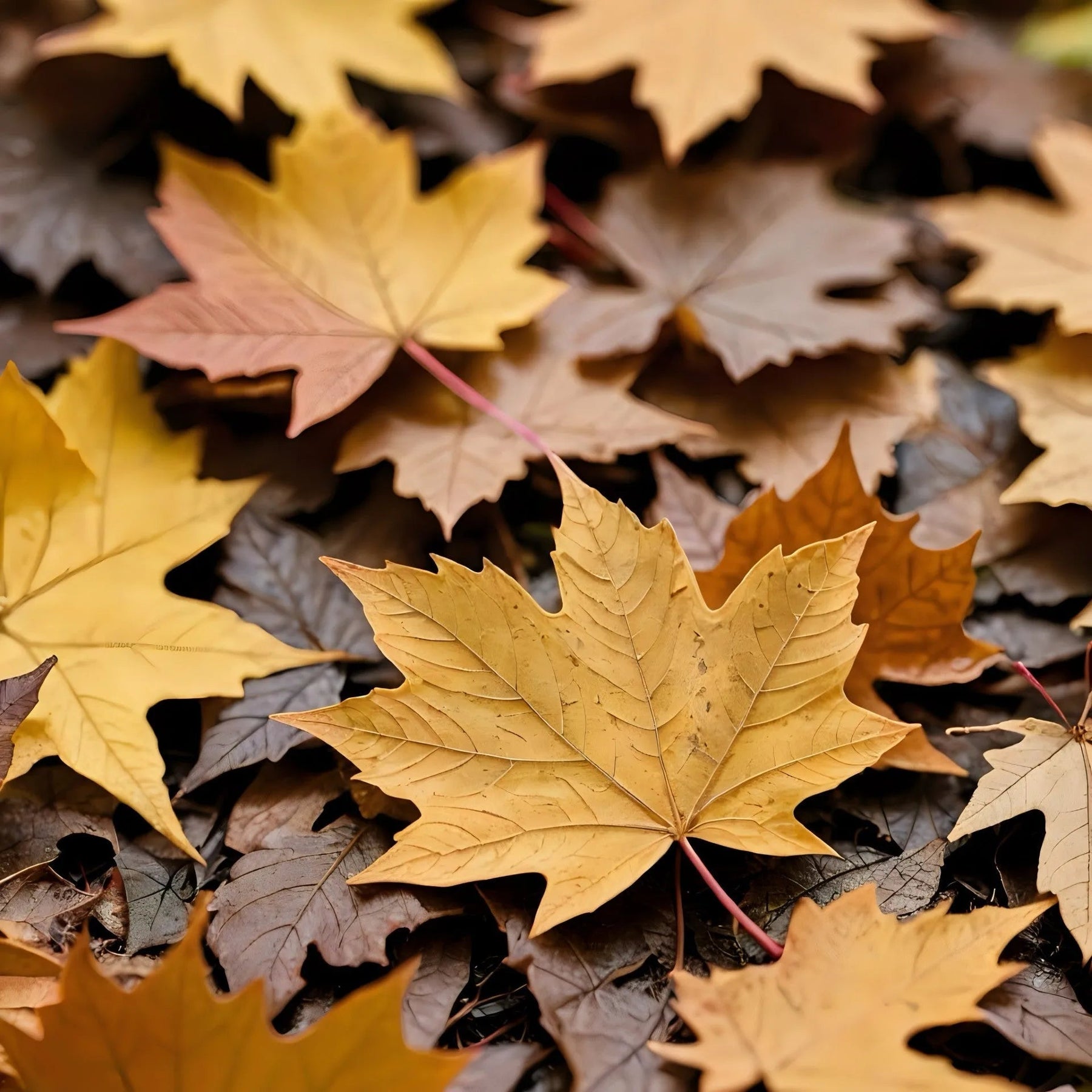 Autumn maple leaves in yellow and brown colors covering the ground, fall season scene