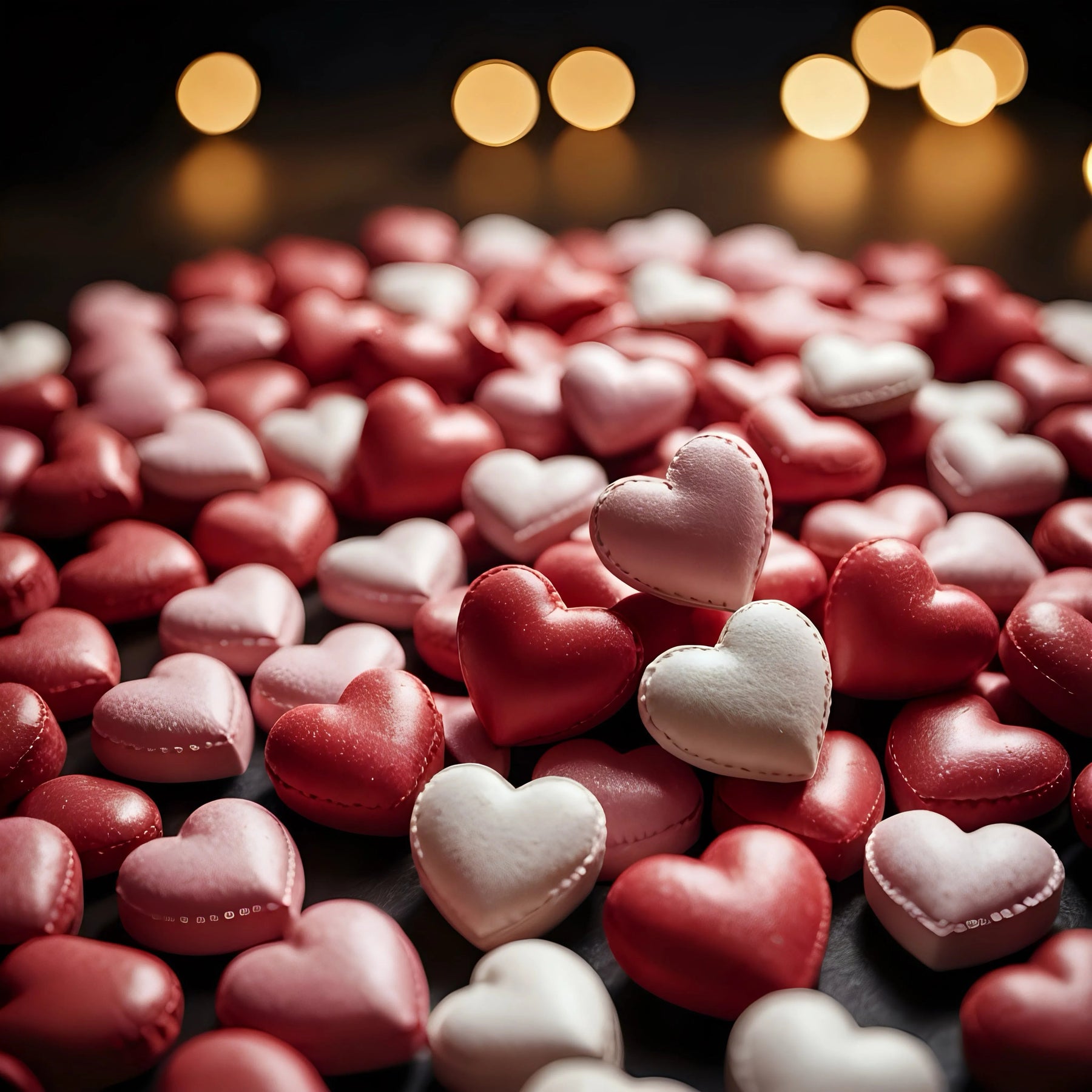 Red and pink heart-shaped candies with bokeh lights, Valentine's Day treats scene.