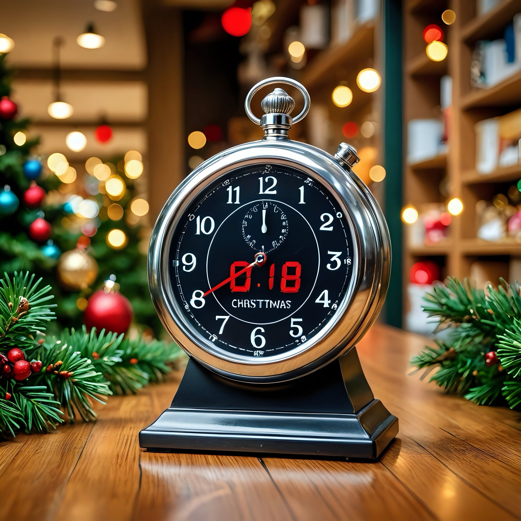 Christmas countdown clock on wooden table with holiday tree and festive lights in background