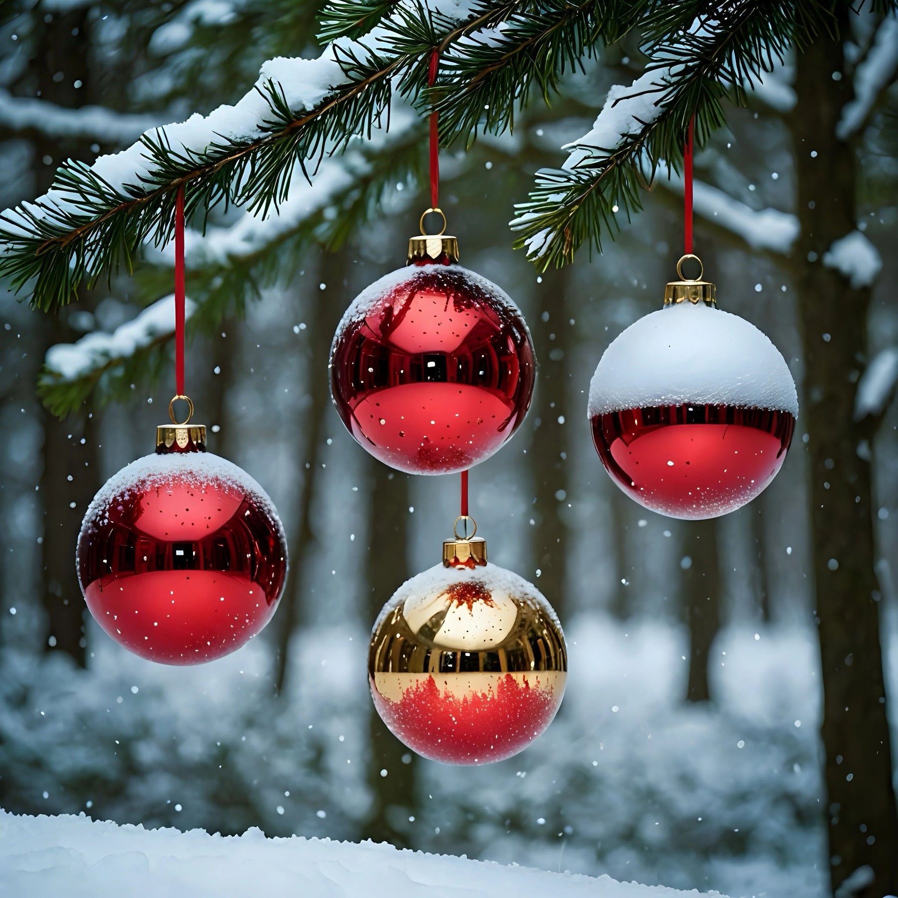 Red and gold Christmas ornaments hanging on snowy evergreen branch outdoors