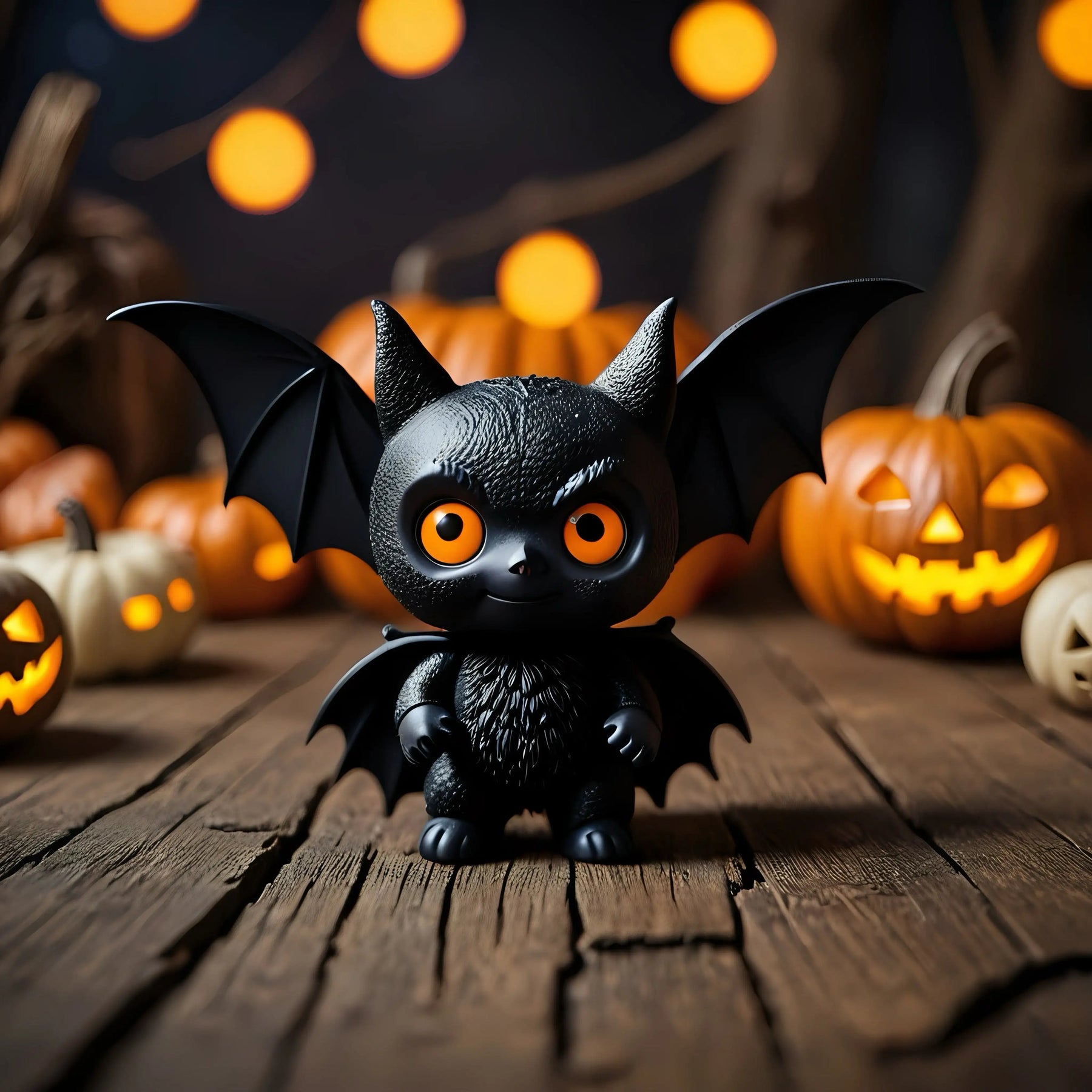 Cute black bat figurine with orange eyes, pumpkins, and Halloween lights on wooden table