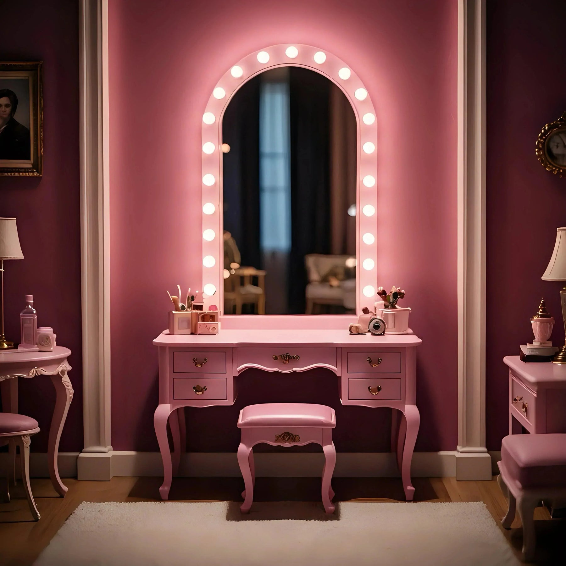 Pink kids dressing table with mirror and lights in a cozy, decorated bedroom