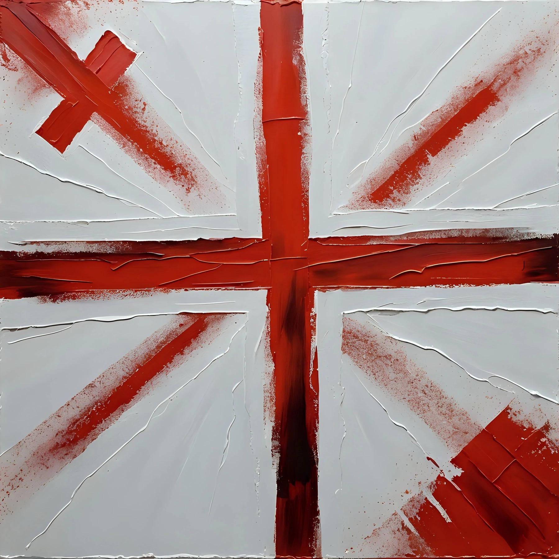 Abstract painting of St George's Cross, red on white with textured, artistic brushstrokes