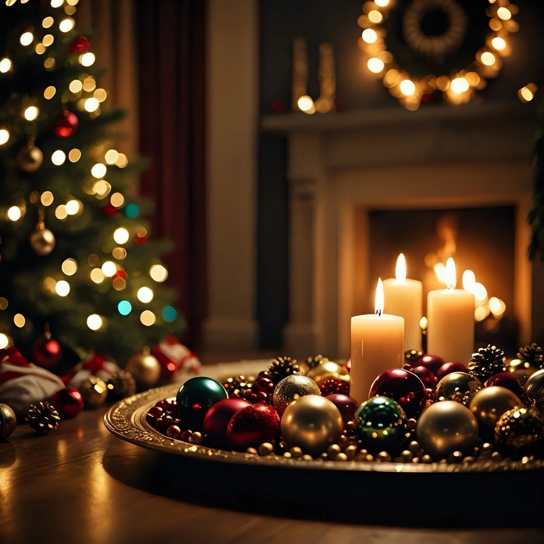 Christmas candles with ornaments on tray, festive tree and fireplace in cozy living room