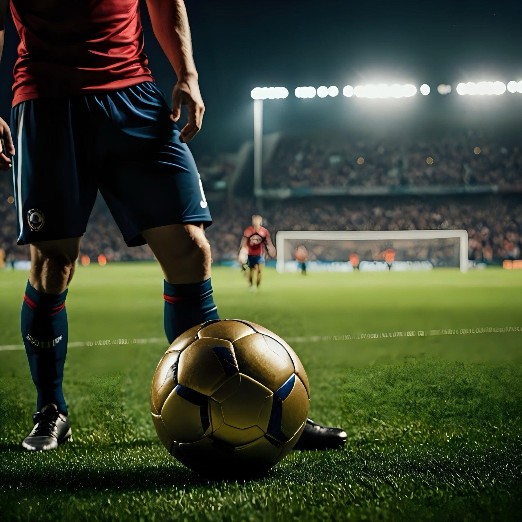 Soccer player on field with gold ball at night, stadium lights and goal in background, Euro 2024