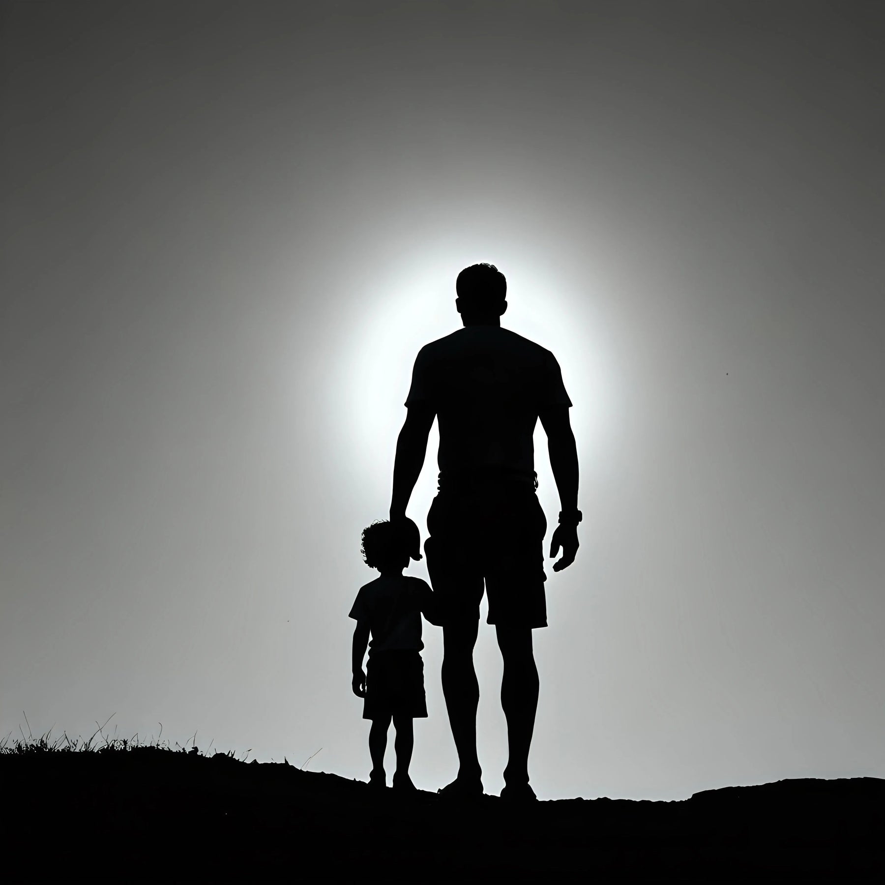 Silhouette of father and child outdoors at sunset, celebrating Father's Day