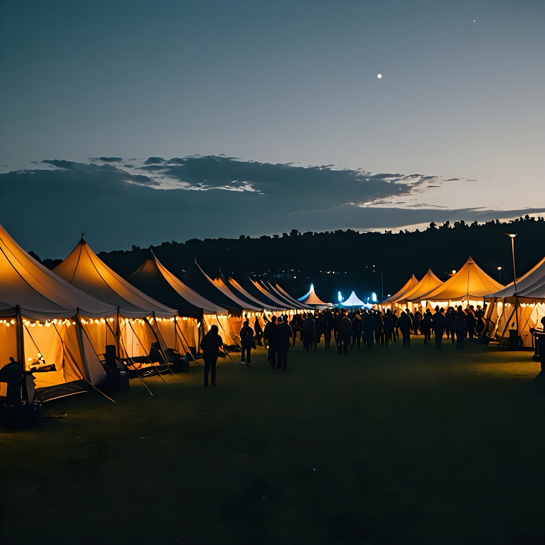 Outdoor festival with illuminated tents and crowds at dusk