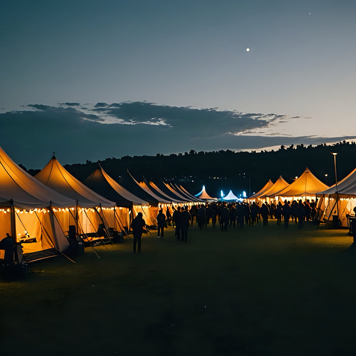 Outdoor festival with illuminated tents and crowds at dusk