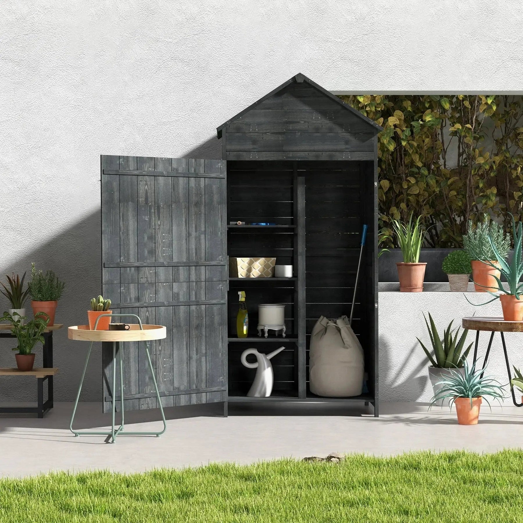Outdoor garden shed with open door, potted plants, and gardening tools on patio