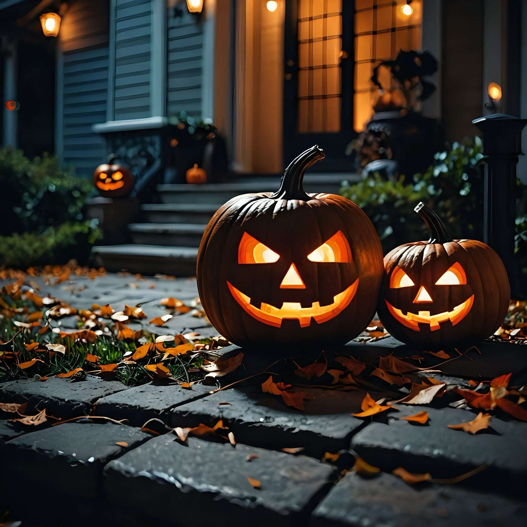 Glowing jack-o'-lanterns on a porch with autumn leaves, Halloween decorations outdoors