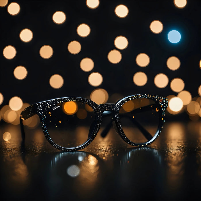 Black sparkling eyeglasses on reflective surface with warm bokeh lights background