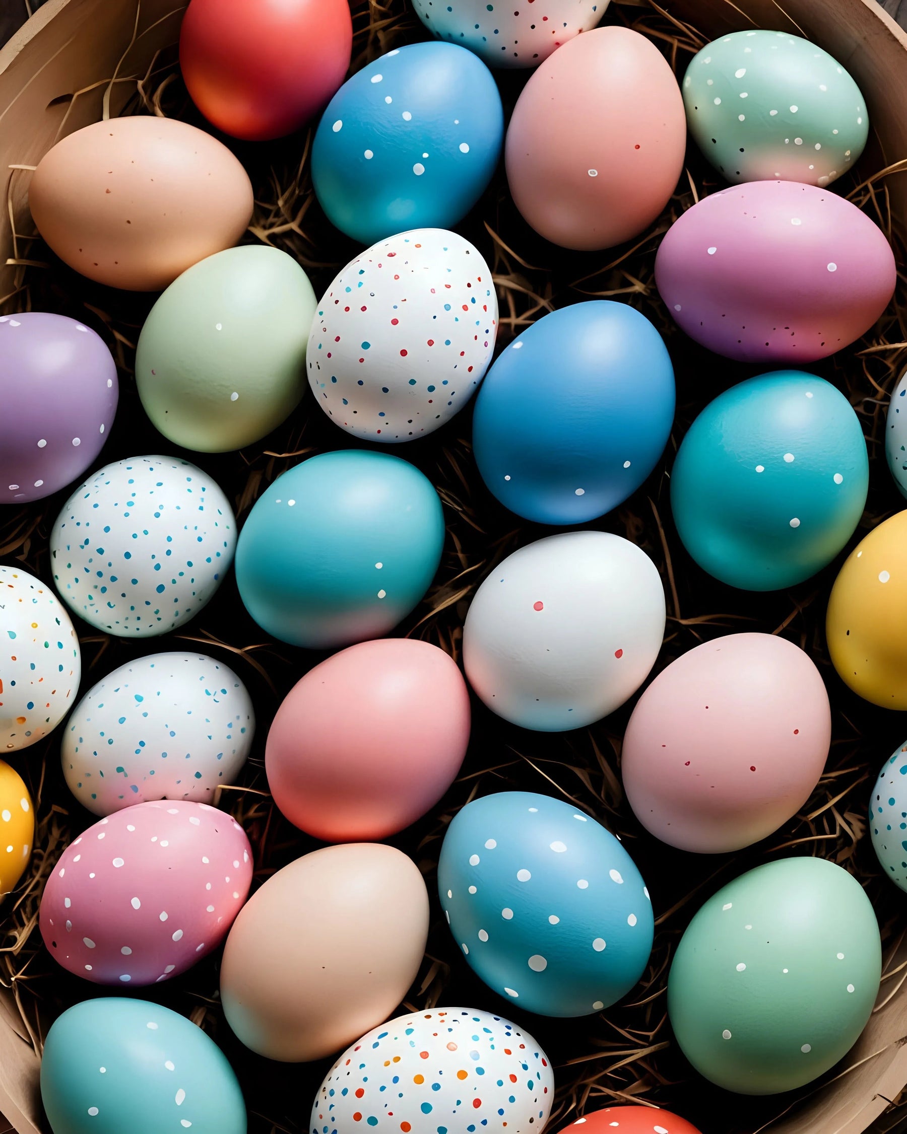 Colorful speckled Easter eggs arranged in a basket on straw
