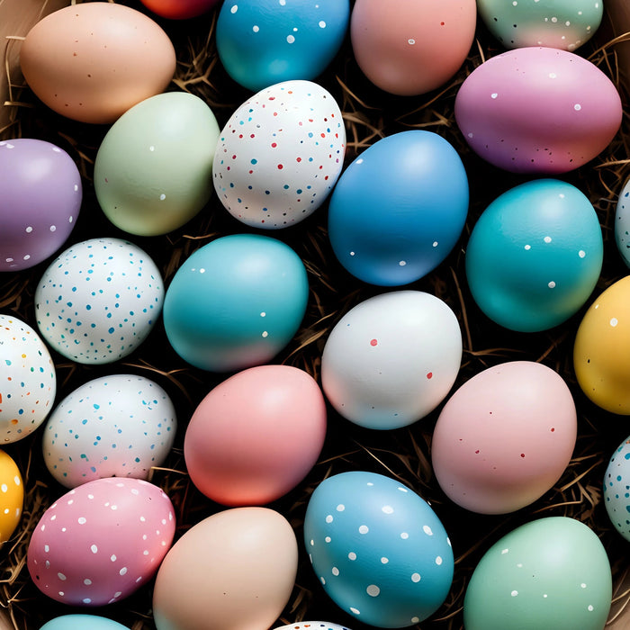 Colorful speckled Easter eggs arranged in a basket on straw