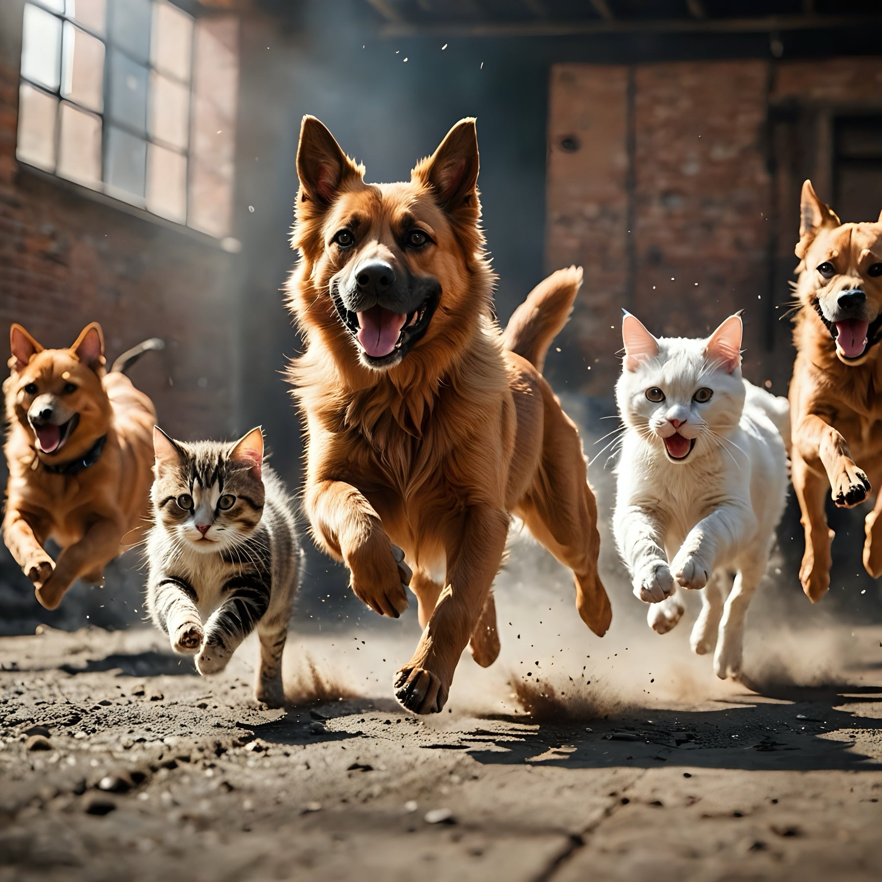 Happy dogs and cats running together in a sunlit, rustic brick warehouse