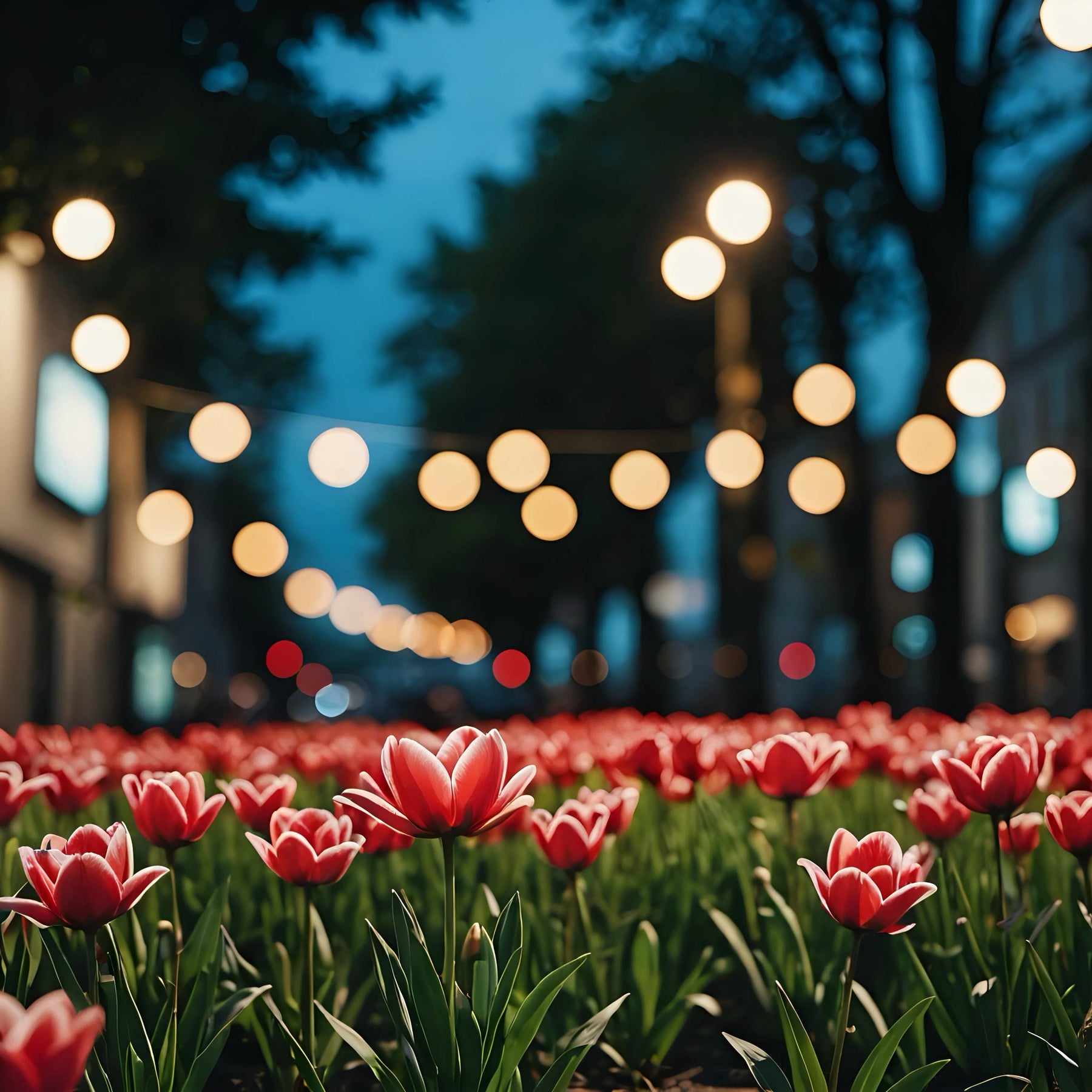 Red tulips in bloom at dusk with string lights and blurred city street background