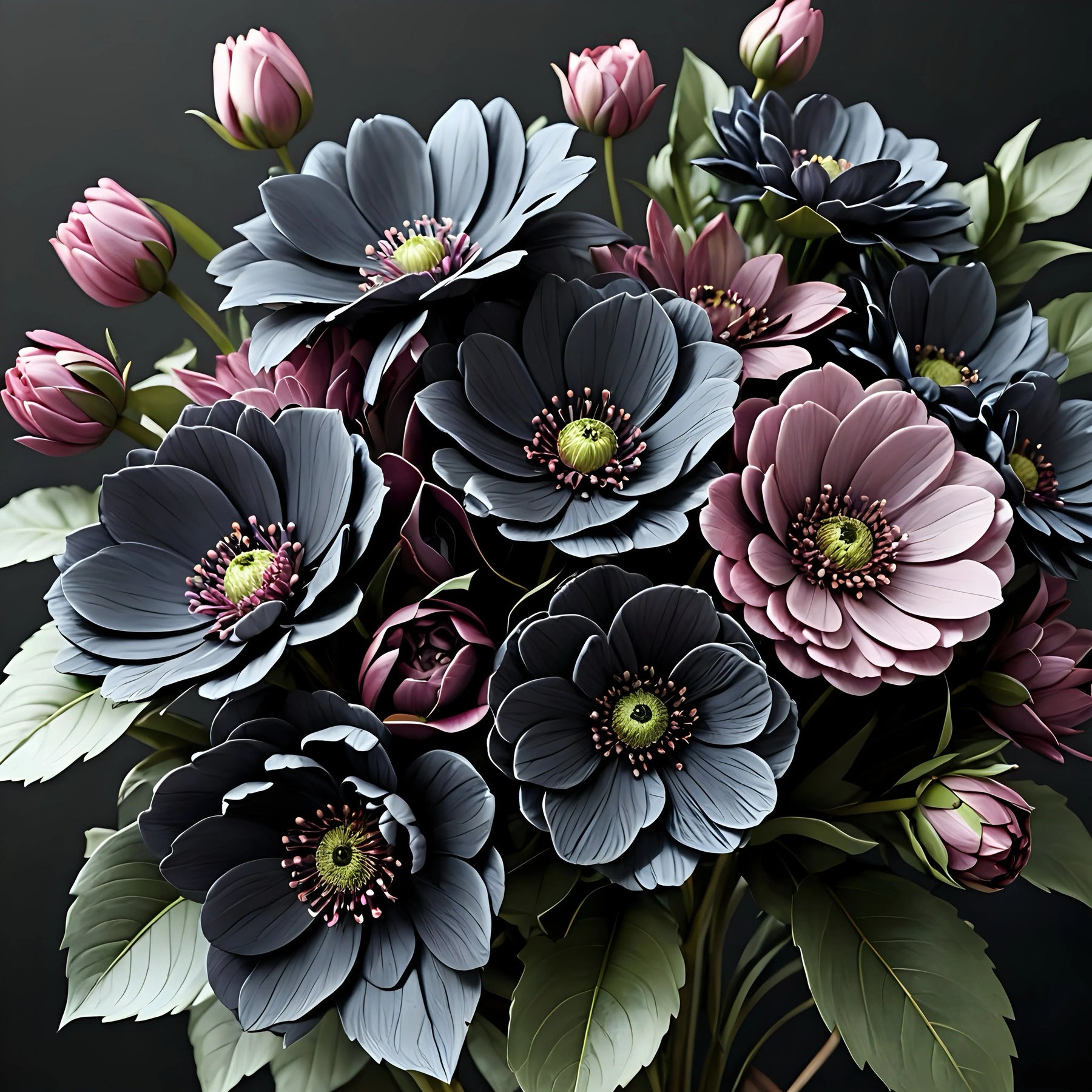 Bouquet of pink and purple flowers with green leaves on a dark background
