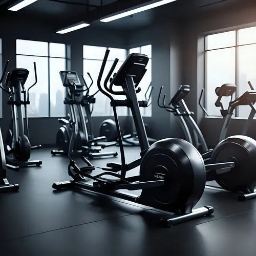 Modern gym with elliptical machines and large windows in a bright fitness studio