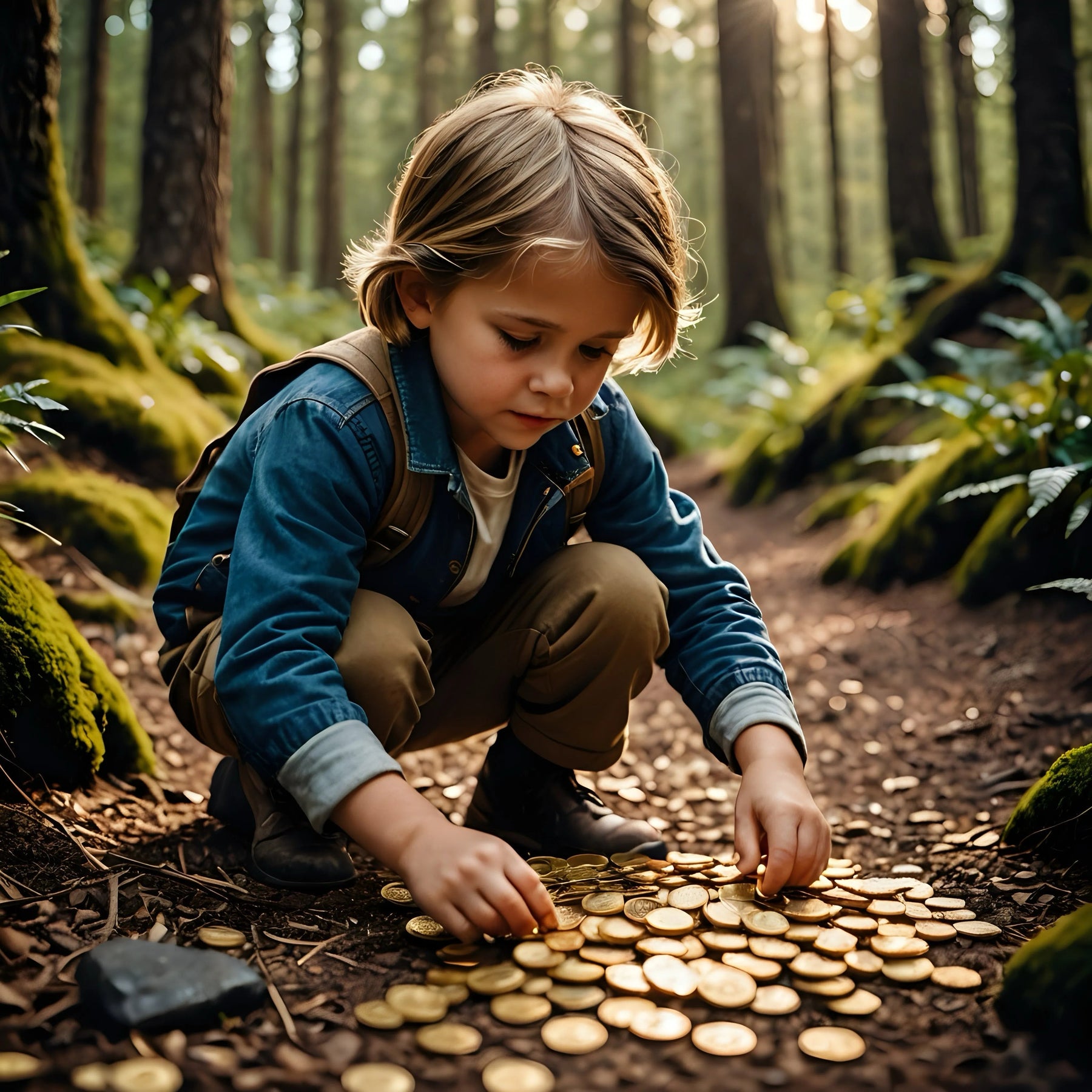 Young boy in forest picking up gold coins, winter outdoor adventure, treasure hunt