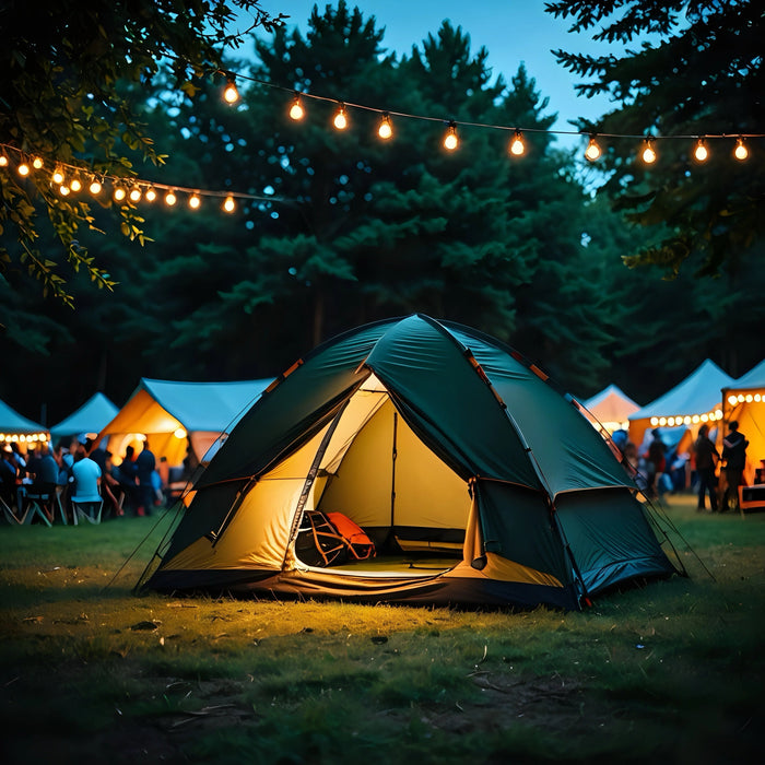 Festival campsite at dusk with glowing tent and string lights, UK camping tents scene