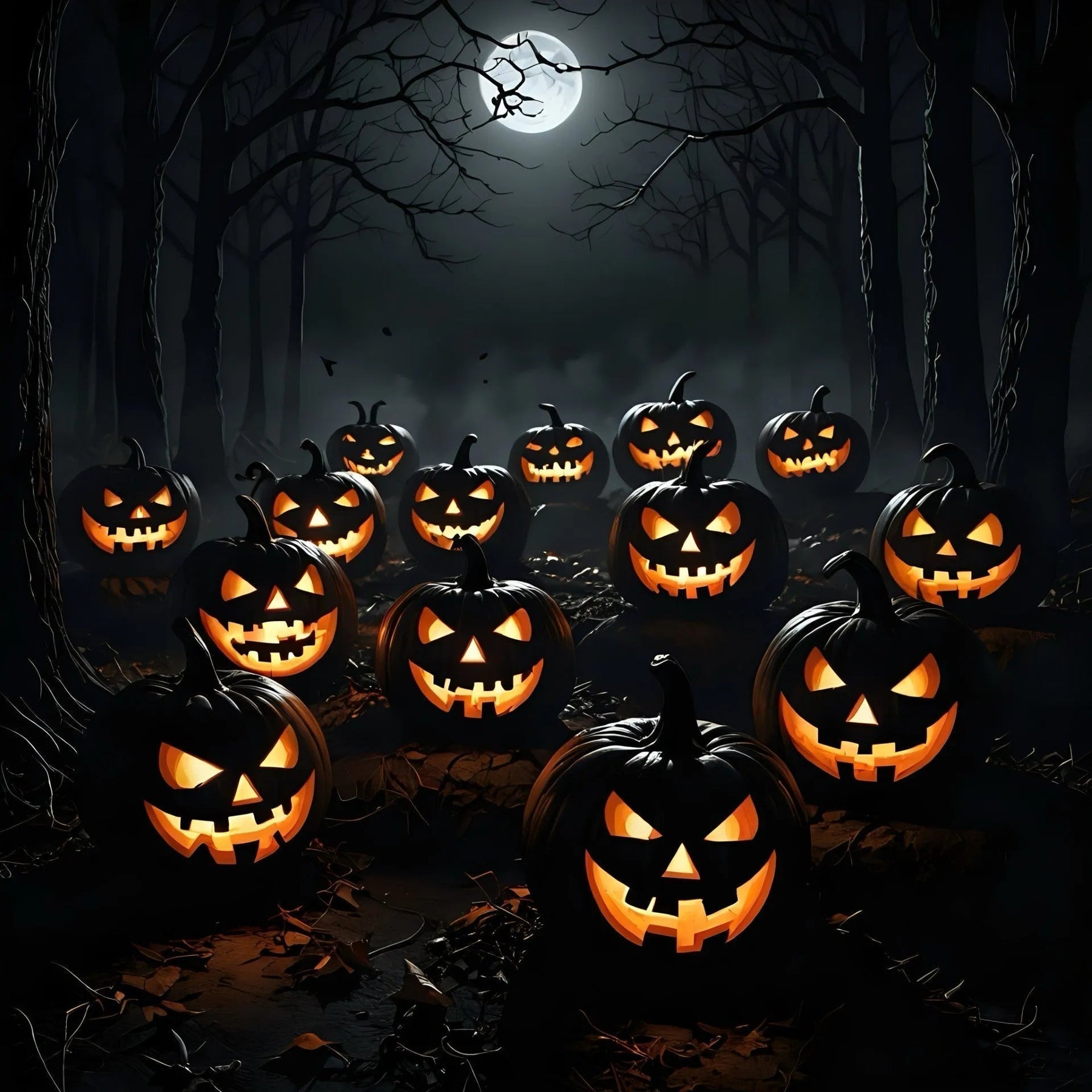 Glowing Halloween jack-o'-lanterns in a dark, spooky forest under a full moon
