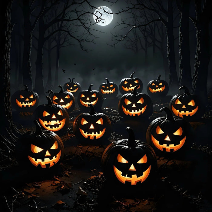 Glowing Halloween jack-o'-lanterns in a dark, spooky forest under a full moon