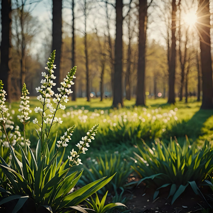 Spring flowers blooming in a sunlit forest park, green grass and sunshine