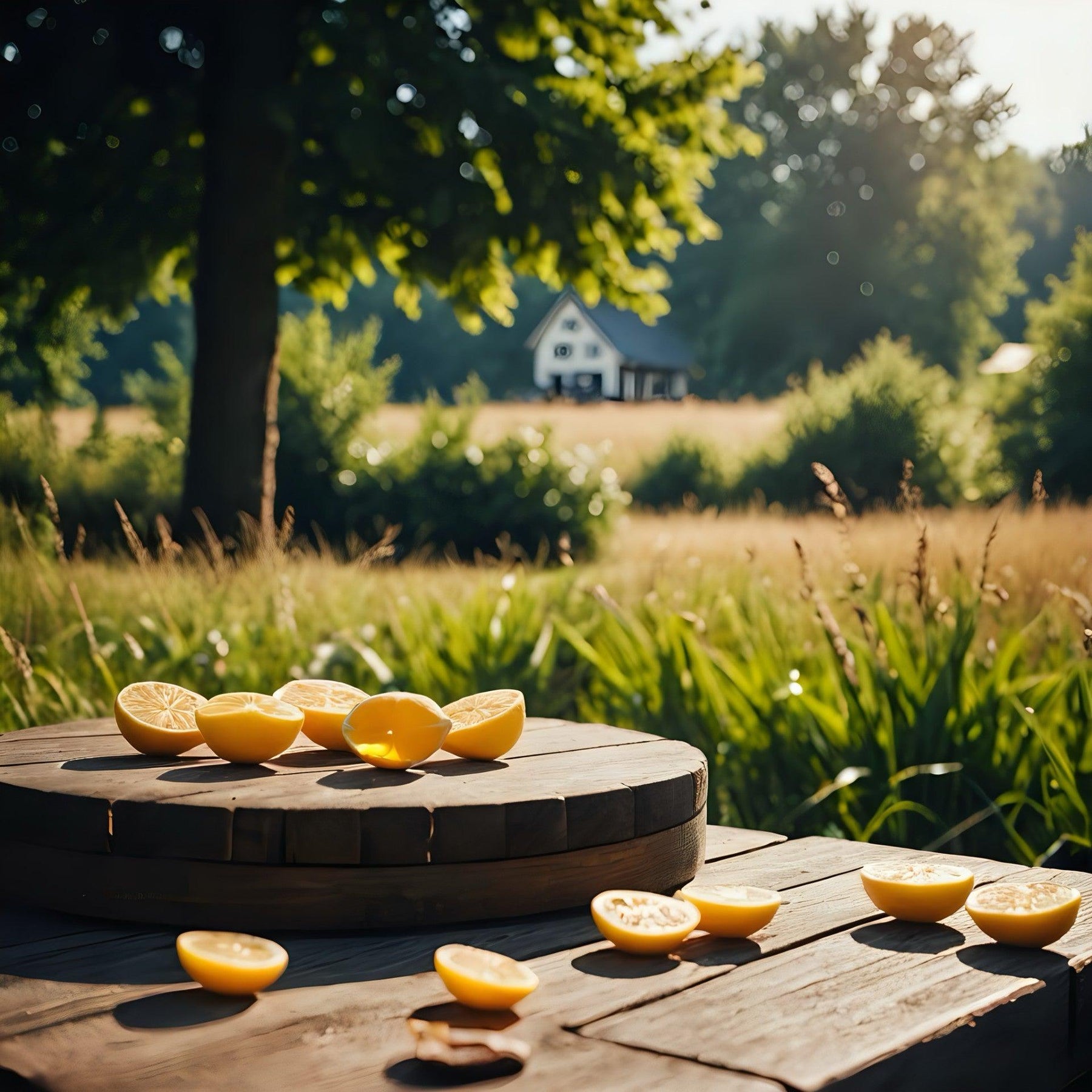 Halved lemons on wooden table outdoors in summer, green field and house in background