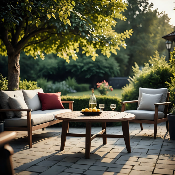 Modern wooden garden furniture set on patio with sofa, chairs, and table under tree