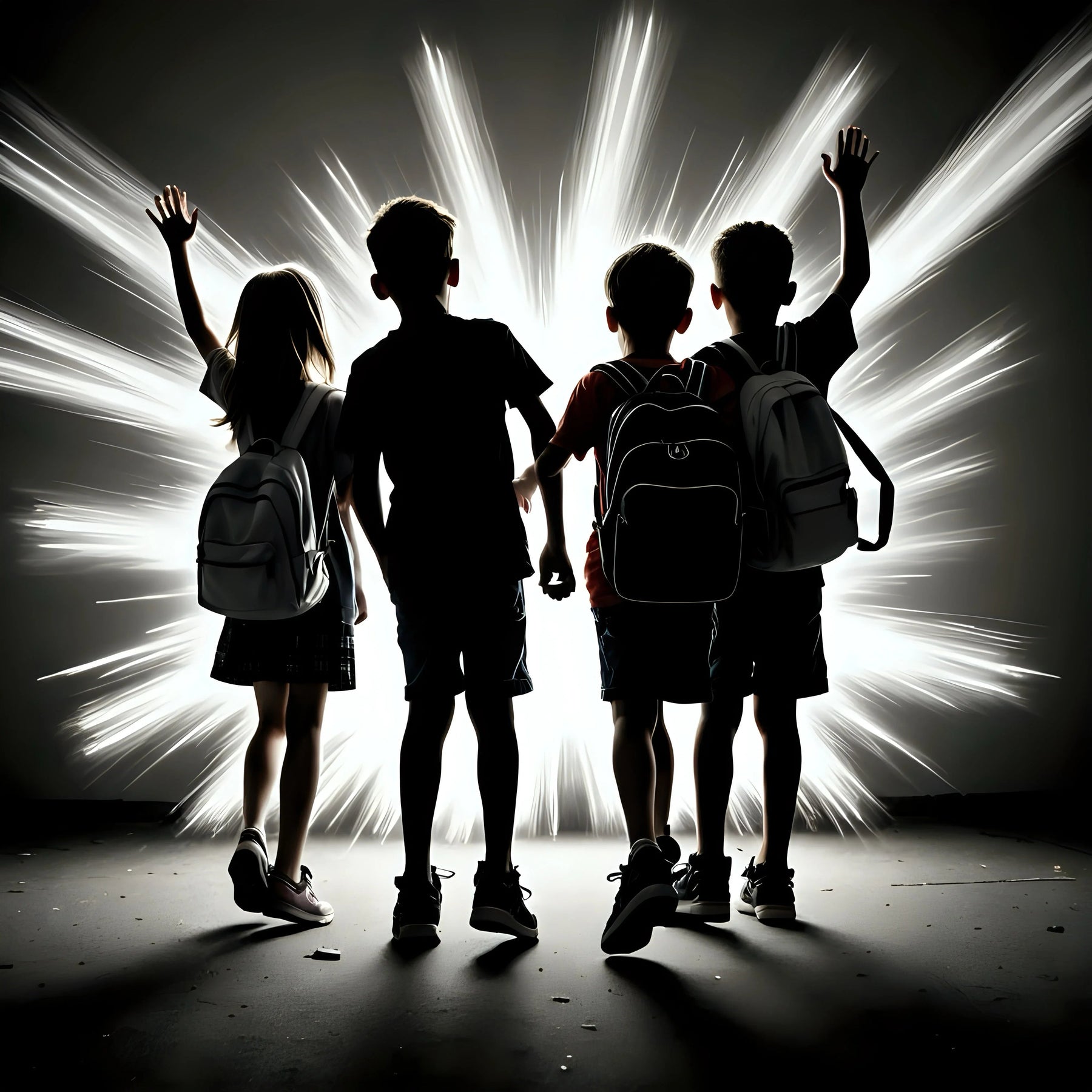 Children playing in a sunlit summer garden with outdoor toys and green grass