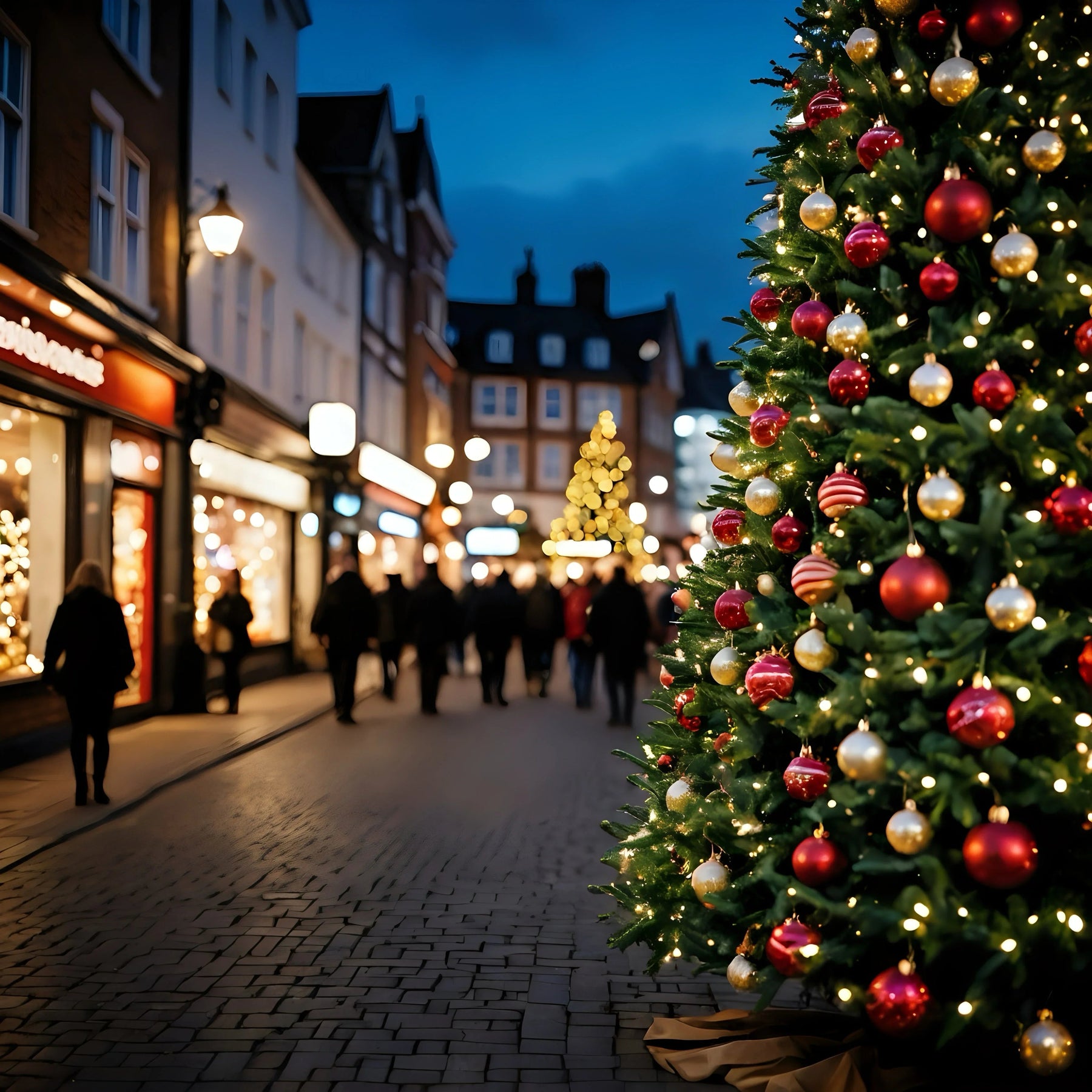 Christmas shopping street with decorated tree, festive lights, people walking at night