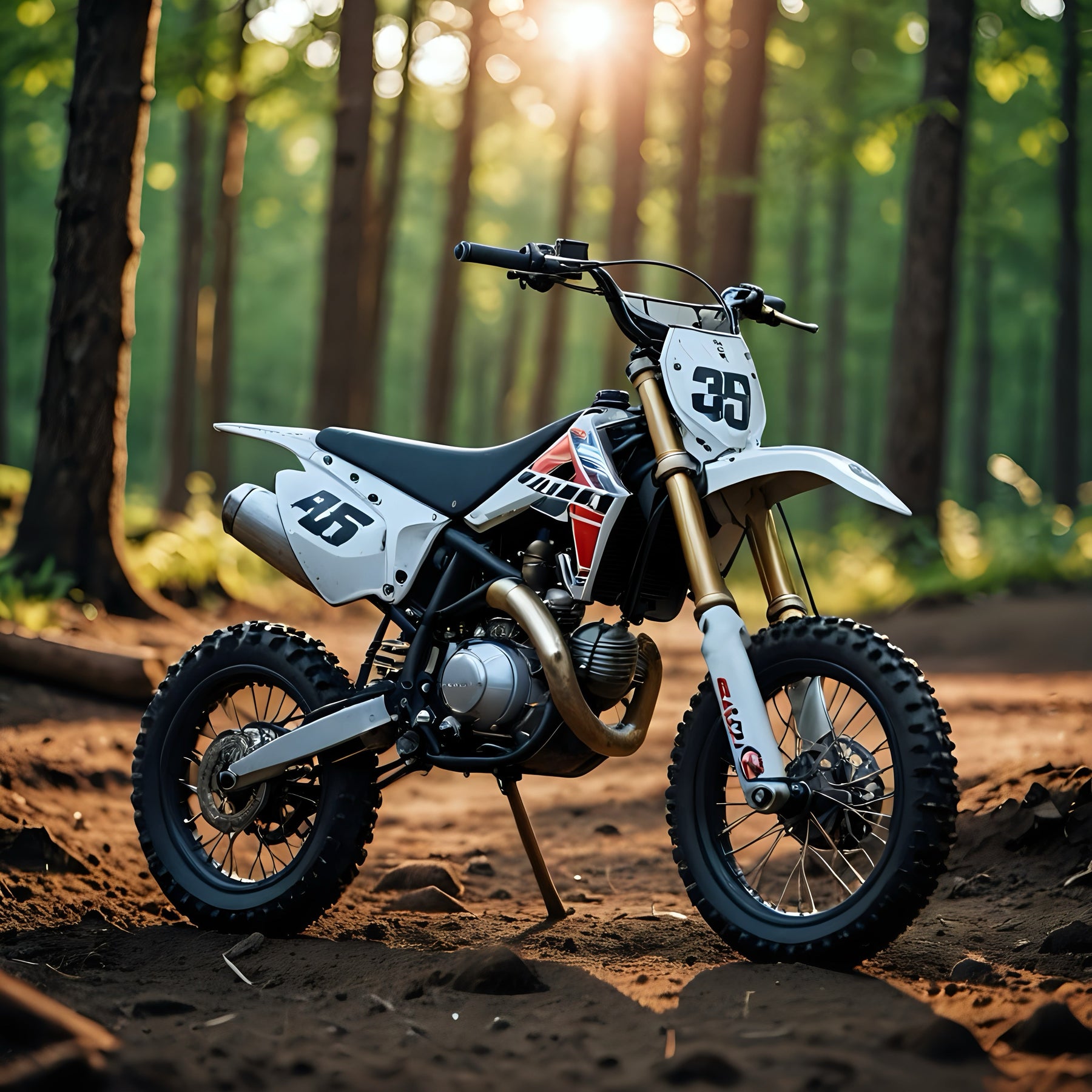 50cc kids petrol dirt bike with number plates in a sunlit forest trail