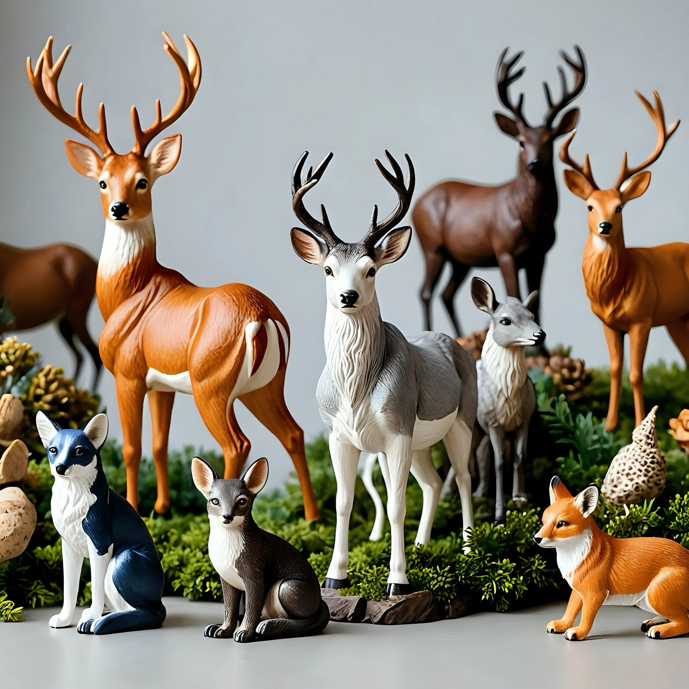 Animal and wildlife toy figures including deer, fox, and wolf on a forest-themed display