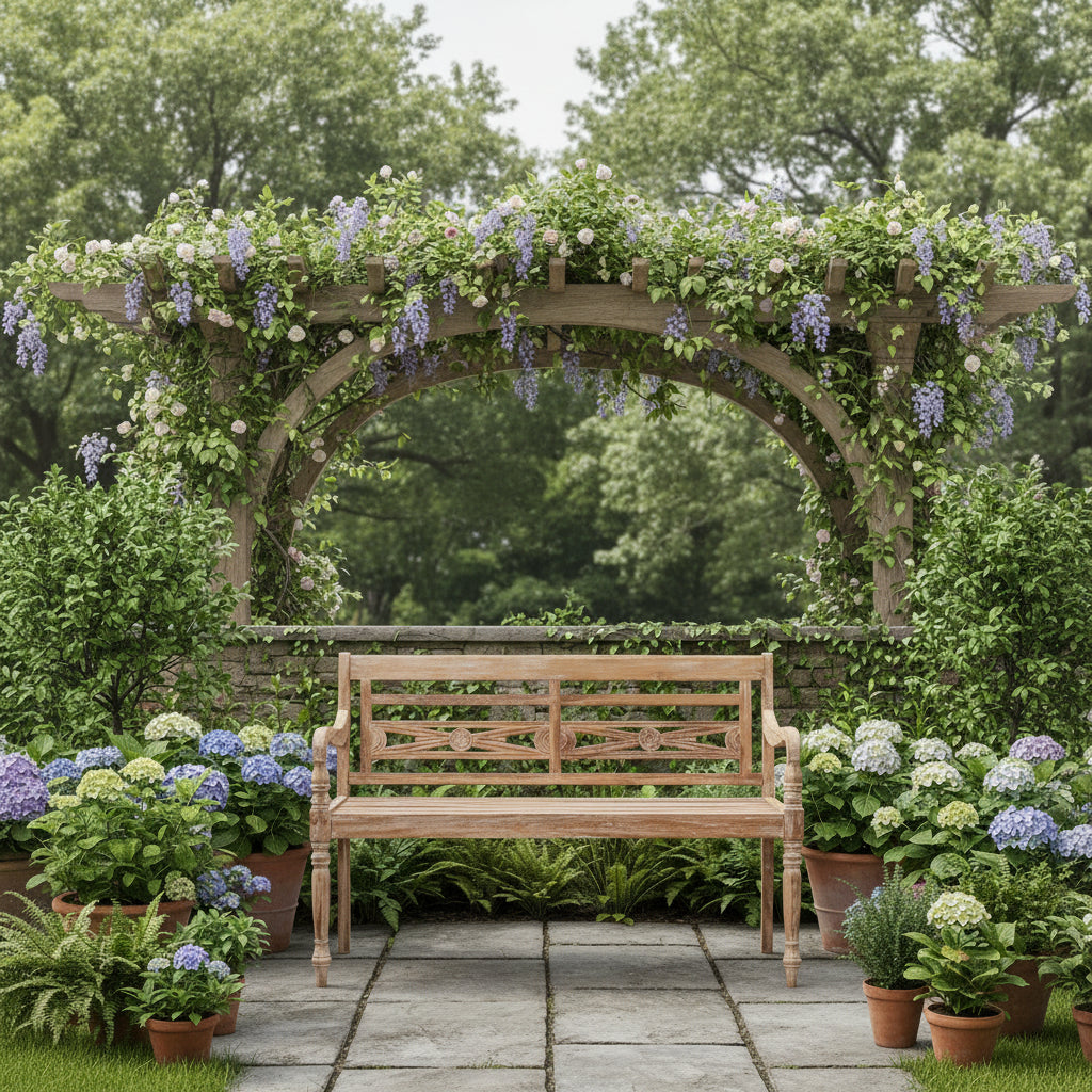 Wooden garden benches on paved path surrounded by greenery and shrubs