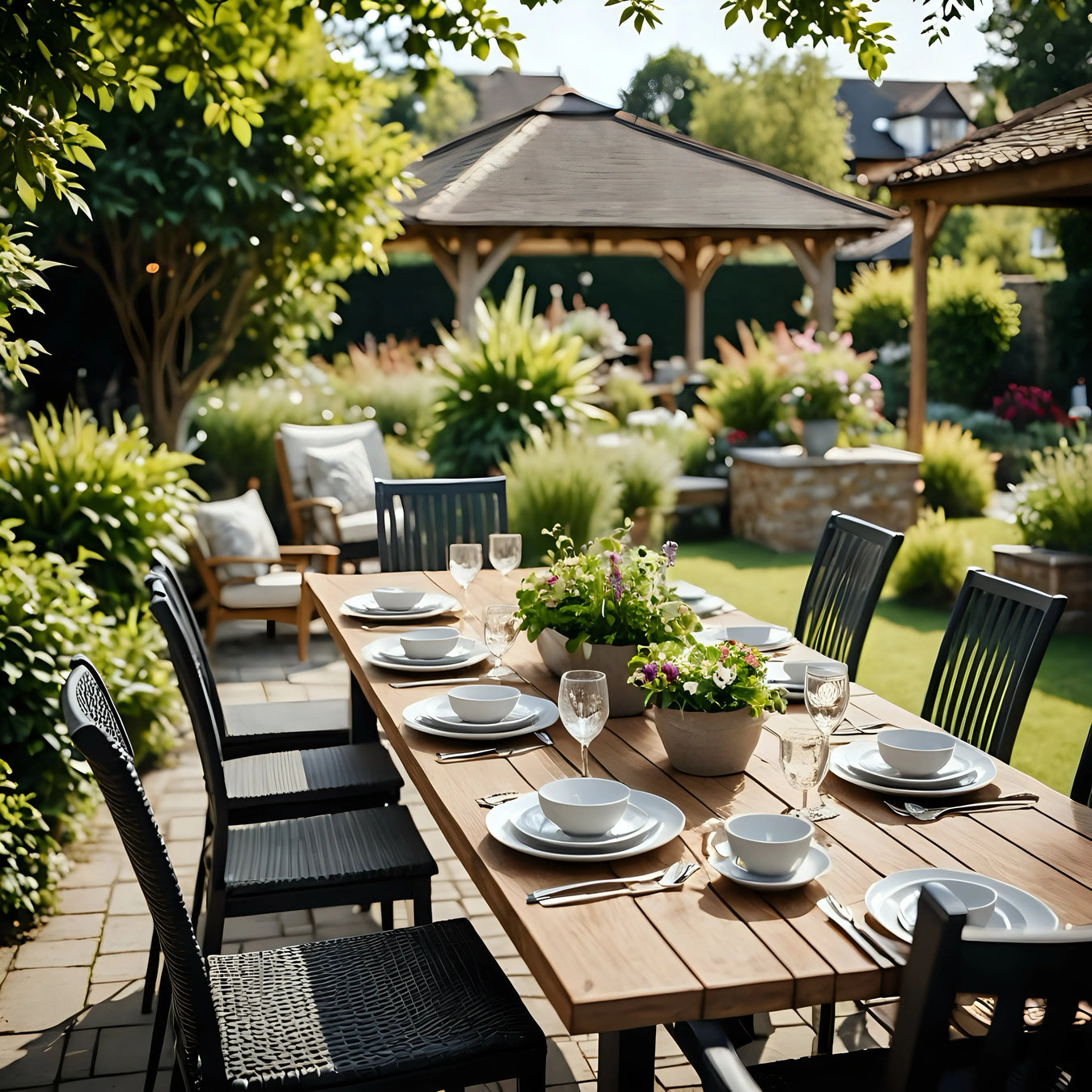 Garden dining set with wooden table, black chairs, and tableware in a lush outdoor setting