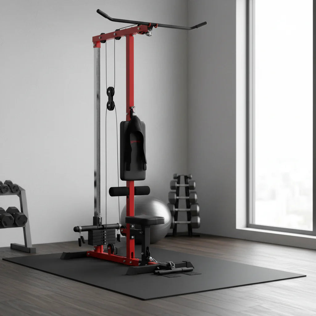 Multi-function home gym equipment in a modern fitness room with dumbbells and exercise mat