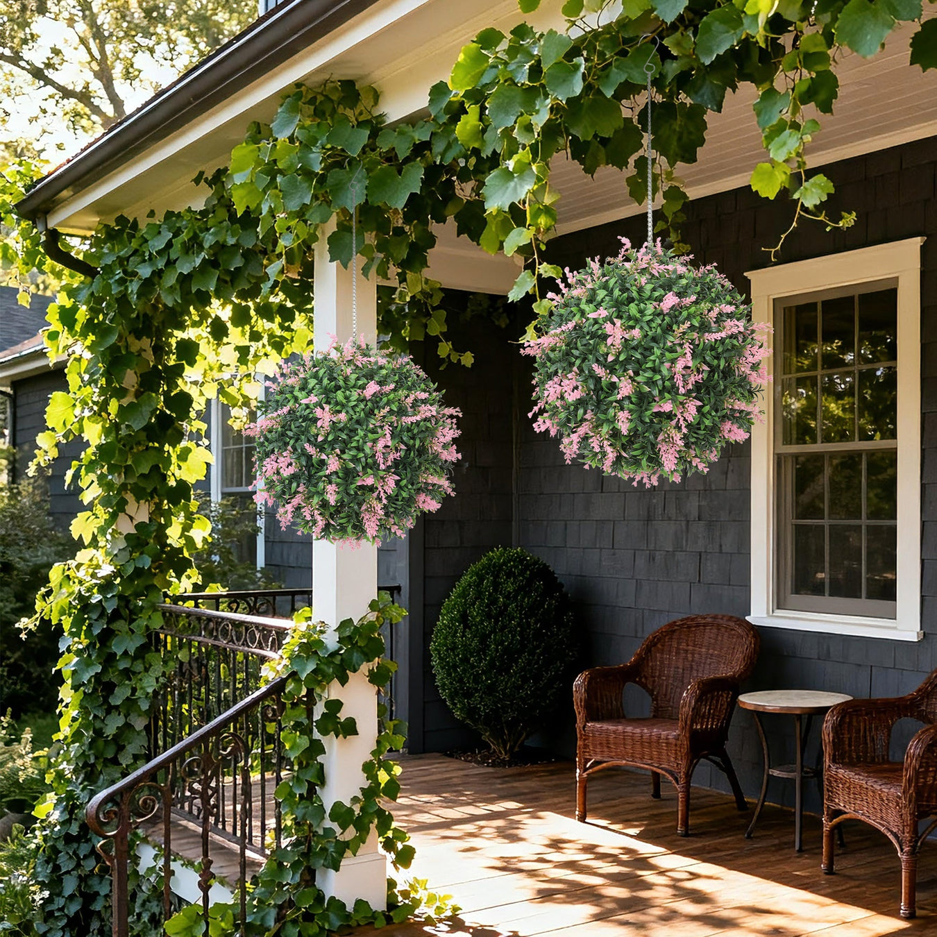 Artificial Plant Topiary Balls hanging on a beautiful porch | Little and Giant Explorers