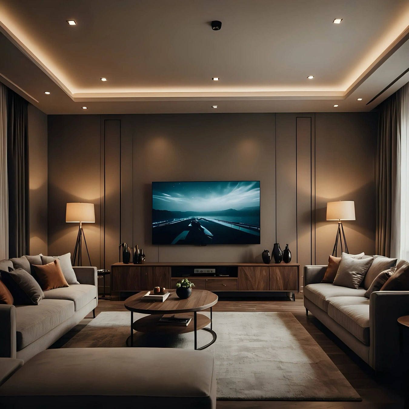 Modern living room with neutral sofas, wooden table, TV, and soft ambient lighting