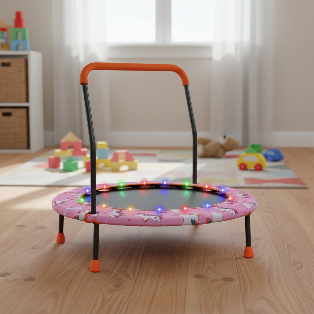 A pink light up kids trampoline in a playroom setting | Little and Giant Explorers