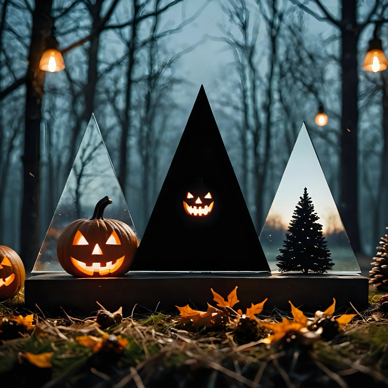 Seasonal scene with glowing jack-o'-lanterns, pine trees, and autumn leaves in a forest