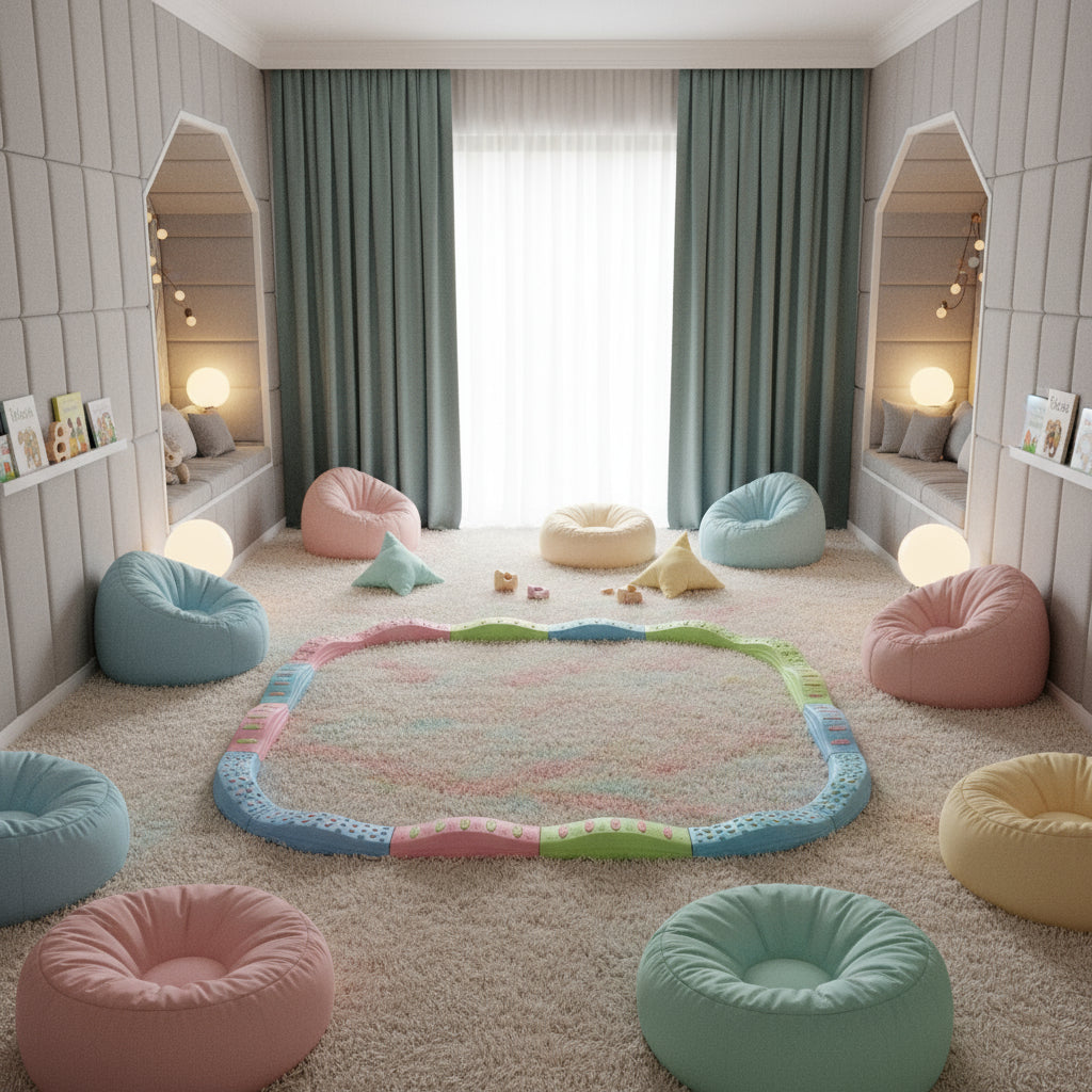 And image of a balance beam in a plush playroom | Little and Giant Explorers