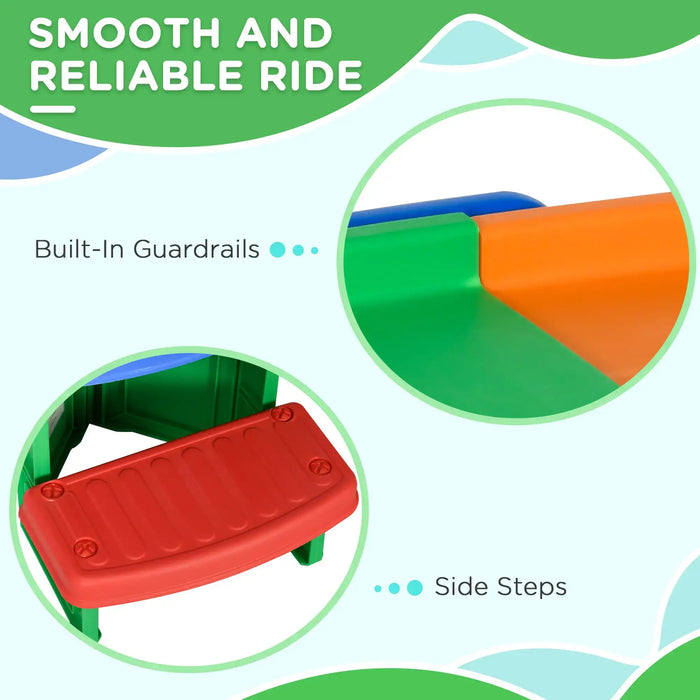 Product with built-in guardrails and side steps on a green and blue background