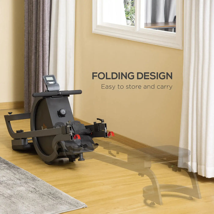 Foldable exercise machine on a wooden floor with text highlighting its folding design.