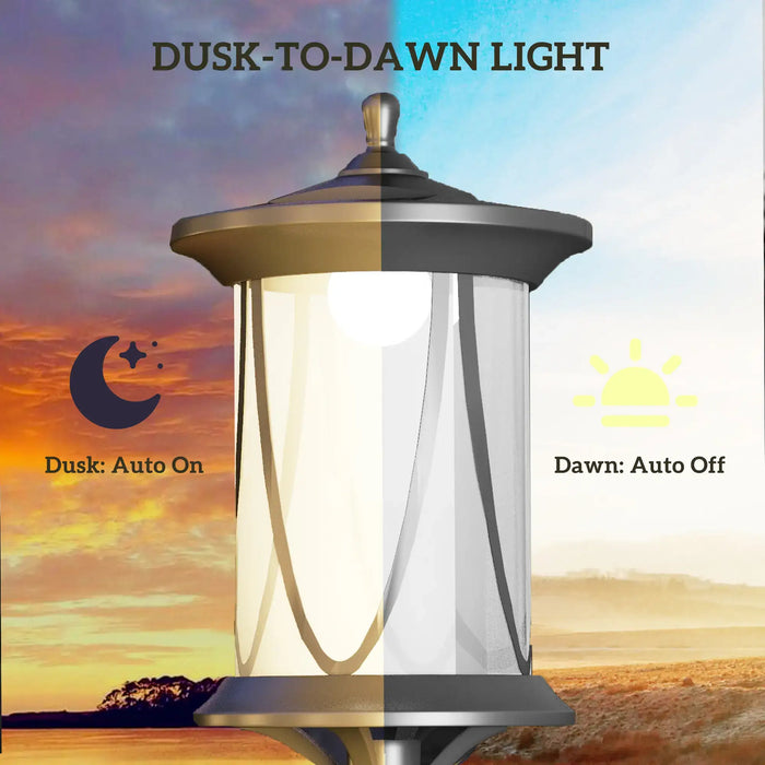 Dusk-to-dawn outdoor lantern light with auto on at dusk and auto off at dawn feature