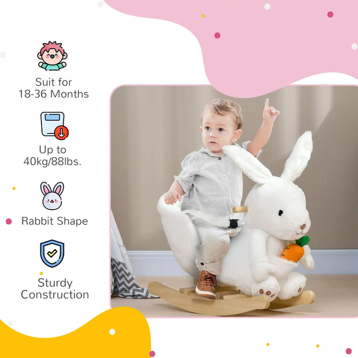 Child riding a rabbit-shaped rocking toy with product features displayed on the left.
