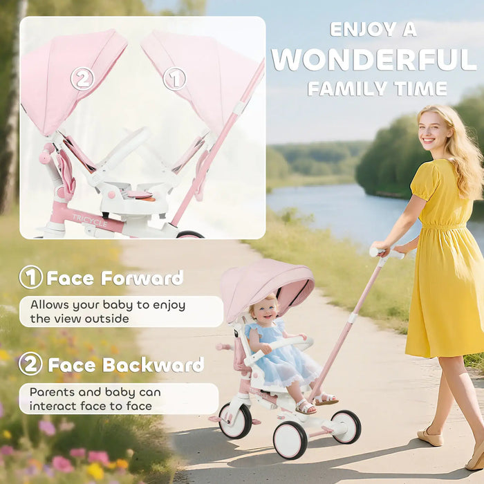Woman pushing a pink stroller with a baby in a scenic outdoor setting, featuring text on stroller features.