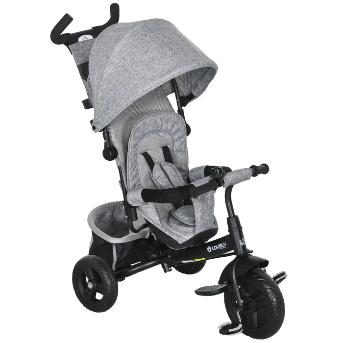 Gray baby stroller with canopy on a white background
