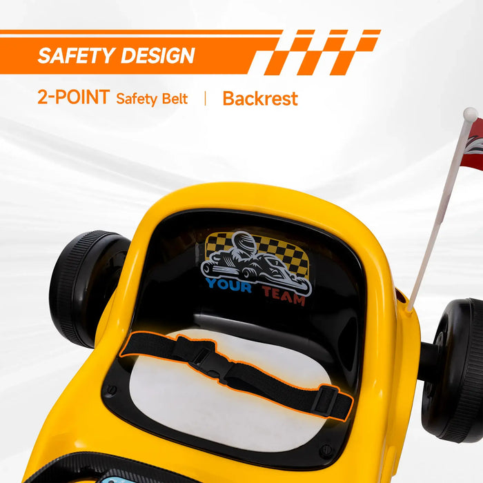 Yellow toy car with safety belt and backrest design on a white background